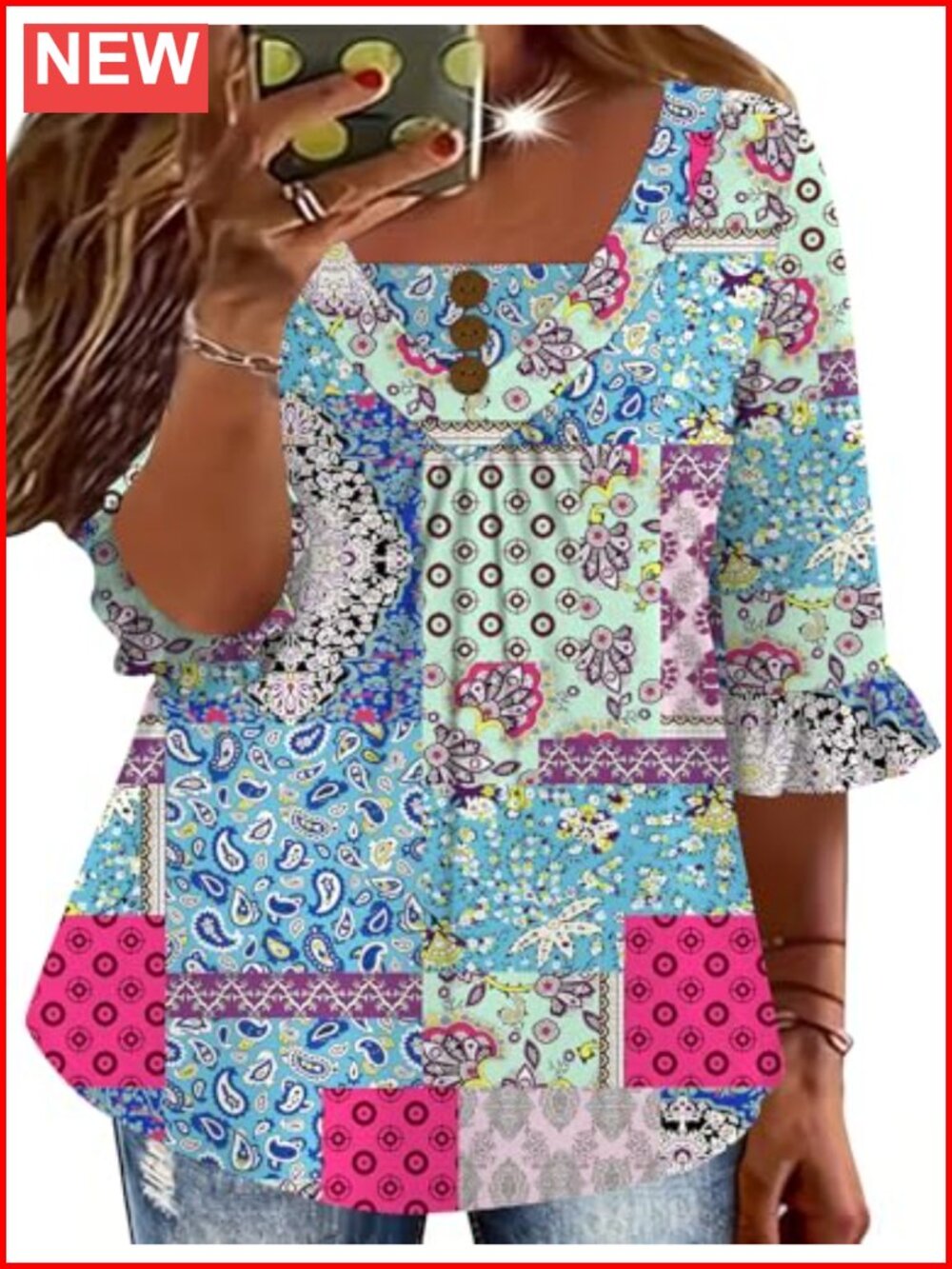 Plus Size 3/4 Ruffle Sleeve Tunic Top V Neck Pleated Blouse